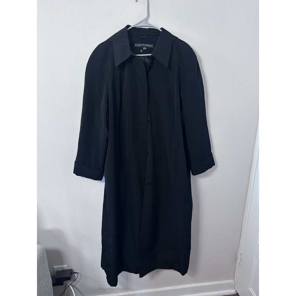 Fleet Street Trench Coat Size L Black Excellent Hooded Long Button Down Coat